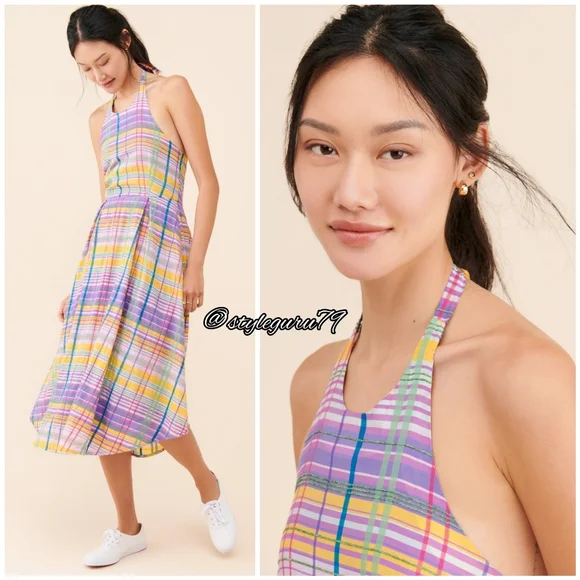 NWT, Anthropologie, Cecily Plaid Tie Neck Midi Dress - Picture 3 of 3